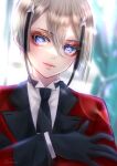  1boy absurdres black_hair blonde_hair blue_eyes closed_mouth collared_shirt crossed_arms facing_viewer formal gloves highres hyuuga_masamune long_sleeves looking_to_the_side male_focus multicolored_hair necktie red_suit shirt short_hair solo suit touken_ranbu white_shirt zasikirou 