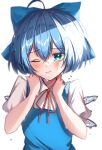  1girl 380u0 :3 absurdres blue_dress blue_hair cirno dress fairy_wings hair_ribbon hands_on_own_face highres ribbon short_hair sweat touhou water_drop white_background wings 