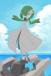  1girl backlighting bangs blue_sky blush bob_cut closed_eyes clouds colored_skin commentary_request day flat_chest full_body gardevoir green_hair green_skin hair_over_one_eye hands_up highres horizon light_blush multicolored_skin nyokki_(usa_nyoki_555) ocean one_eye_covered outdoors partial_commentary pokemon pokemon_(creature) rubble short_hair sky solo standing two-tone_skin u_u water watermark white_skin 