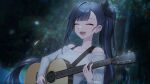  1girl baegbalbaegjung bangs blurry blurry_background closed_eyes dark_blue_hair facing_viewer fangs guitar highres holding holding_instrument instrument lilpa music off-shoulder_shirt off_shoulder open_mouth playing_instrument ponytail shirt solo upper_body virtual_youtuber waktaverse white_shirt 