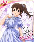 blue_eyes blush brown_hair character_name dress idolmaster_million_live!_theater_days long_hair ponytail satake_minako