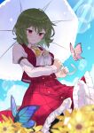  1girl ahase_hino bug butterfly closed_mouth clouds collared_shirt flower green_hair highres kazami_yuuka long_sleeves necktie red_eyes red_skirt red_vest shirt short_hair skirt sky sunflower sunlight touhou umbrella vest white_shirt yellow_necktie 