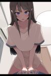  1girl absurdres asakura_nuruma black_hair blue_eyes blush breasts hand_on_another&#039;s_chest highres long_hair medium_breasts pov sagging_breasts sakurajima_mai seishun_buta_yarou shirt sitting sitting_on_person white_shirt 