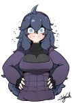  1girl @_@ absurdres ahoge alternate_breast_size bags_under_eyes black_dress blush commentary dress hairband hands_on_hips hex_maniac_(pokemon) highres john_(a2556349) long_dress long_hair looking_at_viewer messy_hair pokemon pokemon_(game) pokemon_xy purple_hairband signature solo sweat 