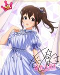 blue_eyes blush brown_hair character_name dress idolmaster_million_live!_theater_days long_hair ponytail satake_minako