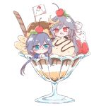  2girls :o bangs black_gloves black_hair blue_eyes blue_shirt blush cherry chibi commentary_request copyright_request fingerless_gloves food food_on_face fruit glasses gloves hair_between_eyes highres ice_cream in_food long_hair long_sleeves low_twintails mini_flag minigirl multiple_girls parted_lips pudding red-framed_eyewear red_eyes shirt simple_background strawberry tekttt translation_request twintails upper_body very_long_hair wafer_stick white_background 