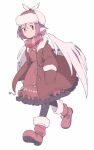  1girl animal_ears bird_ears bird_wings black_pantyhose blush boots brown_coat brown_dress brown_footwear brown_headwear closed_mouth coat dress frilled_dress frills full_body hands_in_pockets long_sleeves mystia_lorelei open_clothes open_coat pantyhose pink_hair rangycrow red_eyes short_hair simple_background solo touhou white_background white_wings winged_hat wings 