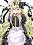  1girl absurdres aer007580 alternate_costume apron asymmetrical_gloves bangs black_bow black_dress bow collared_dress commentary dress enmaided frilled_apron frills gloves green_gloves green_hair green_necktie hair_between_eyes hair_bow highres honkai_(series) honkai_impact_3rd juliet_sleeves long_hair long_sleeves maid mismatched_gloves mobius_(honkai_impact) necktie puffy_sleeves red_eyes solo symbol-only_commentary v-shaped_eyebrows very_long_hair white_apron white_background white_bow white_gloves 
