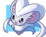  animal_focus black_eyes blue_background border cinccino commentary english_commentary fluffy full_body hand_up happy mixed-language_commentary miyoshi_(miyoshi_sikb) no_humans open_mouth outside_border pokemon pokemon_(creature) simple_background smile solo standing white_border 