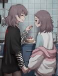  2girls black_shirt blush brown_hair cake closed_eyes commentary_request food from_behind fruit highres holding holding_food holding_fruit holding_hands hood hoodie indoors kitchen long_sleeves medium_hair mixed-language_commentary multicolored_clothes multicolored_hoodie multiple_girls original plate shirt short_sleeves siblings sisters strawberry tabao tile_wall tiles twins 