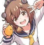  1girl aruka blue_sailor_collar brown_eyes brown_hair dress food from_above fruit headset holding holding_food holding_fruit kantai_collection looking_at_viewer neckerchief open_mouth orange_(fruit) round_teeth sailor_collar sailor_dress school_uniform short_hair solo speaking_tube_headset teeth upper_body upper_teeth yellow_neckerchief yukikaze_(kancolle) 