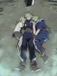  3boys armor belt black_shirt blonde_hair blue_pants blue_shirt brown_footwear buster_sword chirco_f closed_eyes cloud_strife final_fantasy final_fantasy_vii final_fantasy_vii_remake full_body gloves grey_shorts hair_between_eyes hand_on_own_chest holding_hands knee_pads layered_clothes long_sleeves low_ponytail lying male_child male_focus multiple_belts multiple_boys on_back on_ground on_side pants parted_lips shirt shorts shoulder_armor sleeping sleeveless sleeveless_turtleneck sleeves_rolled_up spiky_hair suspenders t-shirt turtleneck white_shirt younger 