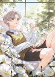  1boy absurdres blue_sky brown_shorts collared_shirt flower highres long_sleeves looking_at_viewer male_child open_mouth shirt short_hair shorts sitting sky socks solo tears_of_themis vest vyn_richter_(tears_of_themis) white_flower white_hair white_shirt white_socks xiaojiaju yellow_eyes yellow_vest younger 
