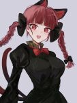  1girl :d absurdres animal_ears bangs black_bow bow braid cat_ears cat_tail dress grey_background hair_bow highres kaenbyou_rin long_hair long_sleeves looking_at_viewer multiple_tails nekomata noyama_(prosiuttooishi) open_mouth red_eyes redhead smile solo tail touhou twin_braids two_tails 