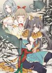  3girls animal_ears animal_hands blonde_hair blue_eyes blue_hair closed_eyes facepaint grey_hair highres hiroe_chiharu jewelry light_blue_hair long_hair magia_record:_mahou_shoujo_madoka_magica_gaiden mahou_shoujo_madoka_magica multiple_girls official_alternate_costume one_knee outdoors ring short_hair smile snow snowing tiger_ears tiger_girl tiger_paws toki_sunao tokime_shizuka twintails visible_air yukishiro_(hitsuji) 