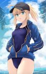  1girl artoria_pendragon_(fate) baseball_cap blonde_hair blue_jacket blue_swimsuit breasts competition_swimsuit covered_navel cross_(crossryou) fate/grand_order fate_(series) green_eyes hat highres hood hoodie jacket looking_at_viewer mysterious_heroine_x_(fate) ocean one-piece_swimsuit open_mouth ponytail solo swimsuit thighs 