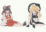  2girls black_dress black_headwear blonde_hair bloomers brown_hair damaged dress hair_ribbon hakurei_reimu highres kirisame_marisa kozomezuki medium_hair multiple_girls necktie red_dress ribbon sitting sweatdrop touhou underwear white_background yellow_necktie 