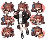  1girl :3 =_= alternate_costume amonitto animal_ears bangs black_jacket blush bowl breasts brown_hair chibi chinese_spoon chopsticks cup daiwa_scarlet_(umamusume) diamond-shaped_pupils diamond_(shape) disposable_cup drooling fang food highres holding holding_plate hood hoodie horse_ears horse_girl horse_tail ice_cream jacket long_hair long_sleeves looking_at_viewer medium_breasts mouth_drool multiple_views omurice plate red_eyes rice sailor_collar school_uniform shoes smile sneakers symbol-shaped_pupils tail takoyaki tempura tiara tongue tongue_out toothpick tracen_school_uniform twintails umamusume white_hoodie 