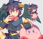  1other angry apple black_hair blue_eyes bracelet chibi closed_mouth dark_pit food fruit gloves jewelry kid_icarus kid_icarus_uprising kirby kirby_(series) open_mouth red_eyes short_hair super_smash_bros. sword weapon wings wusagi2 