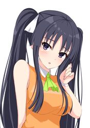  1girl :o alternate_hairstyle arm_behind_back ascot assault_lily bangs black_hair blunt_ends blush breasts collared_shirt commentary_request fingernails green_ascot gungun_(hakutou7887) hair_ribbon hand_up head_tilt highres long_hair looking_at_viewer medium_breasts parted_lips ribbon shirai_yuyu shirt simple_background sleeveless sleeveless_shirt solo twintails upper_body violet_eyes white_background white_ribbon white_shirt wristband 