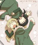  2girls ahoge black_hair blonde_hair chito_(shoujo_shuumatsu_ryokou) closed_eyes coat cross dated fur-trimmed_coat fur_trim green_coat green_pants green_shirt kokorori-p long_hair low_twintails lying messy_hair military military_uniform multiple_girls on_back on_floor open_mouth pants red_cross shirt shoujo_shuumatsu_ryokou sleeping twintails uniform yuuri_(shoujo_shuumatsu_ryokou) 