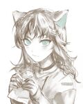  1girl absurdres animal_ears artist_name bell cat_ears collar food green_eyes greyscale highres holding looking_at_viewer monochrome neck_bell original purplecat_chi sleeves_past_wrists solo taiyaki wagashi wavy_hair white_background 
