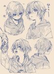  1boy 1other arm_up blush closed_eyes closed_mouth eyes_visible_through_hair fingernails hair_between_eyes half-closed_eyes hatching_(texture) holding holding_hands hood hood_down male_focus monochrome multiple_views open_mouth original parted_lips sketch smile solo_focus teeth tongue tsunekawa_niwasuke upper_body upper_teeth yoshioi7 