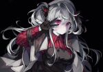  1girl absurdres alchemy_stars bangs bizet black_background black_gloves character_request closed_mouth gloves hair_between_eyes hand_up highres long_hair long_sleeves looking_at_viewer red_eyes solo upper_body v white_hair 