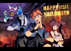  1girl 2016 4boys airagency1005 ancient_greek_clothes blue_hair commentary_request cosplay fiery_hair greco-roman_clothes hades_(disney) hades_(disney)_(cosplay) halloween hercules_(1997_movie) hercules_(disney) highres long_hair looking_at_viewer makeup megara_(disney) multiple_boys pain_(disney) panic_(disney) short_hair simple_background smile teeth yellow_eyes 