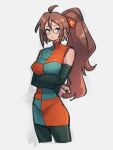  1girl alternate_hairstyle android_21 black_sleeves blue_eyes breasts brown_hair checkered_clothes checkered_dress detached_sleeves dragon_ball dragon_ball_fighterz dress glasses grey_background kemachiku long_hair looking_at_viewer medium_breasts ponytail red_ribbon_army simple_background solo 