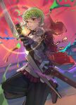  1boy aiming_at_viewer arrow_(projectile) bow_(weapon) brown_eyes fire_emblem fire_emblem:_three_houses fire_emblem_warriors:_three_hopes glasses green_hair highres holding holding_arrow holding_bow_(weapon) holding_weapon ignatz_victor male_focus official_alternate_costume official_alternate_hairstyle round_eyewear sasataeko solo weapon 