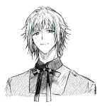  1boy blue_eyes blue_hair cable closed_mouth grey_background greyscale hatching_(texture) male_focus monochrome neck_ribbon original ribbon simple_background smile solo spot_color tsunekawa_niwasuke upper_body 