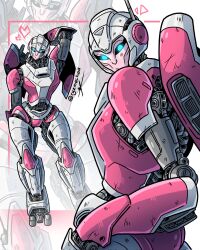  arcee blue_eyes bumblebee_(movie) commentary english_commentary glowing glowing_eyes helmet highres humanoid_robot looking_at_viewer looking_back mecha metal_skin robot robot_girl ryzmechaa science_fiction transformers transformers_(live_action) 