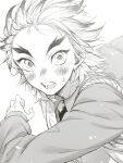  1boy absurdres blush collared_shirt colored_tips floating_hair forked_eyebrows from_side greyscale highres kimetsu_no_yaiba long_sleeves looking_at_viewer looking_to_the_side male_focus monochrome multicolored_hair necktie open_mouth petals portrait rengoku_toujurou running school_uniform seiseizeaaaa shirt short_hair simple_background solo streaked_hair sweatdrop sweater_vest 