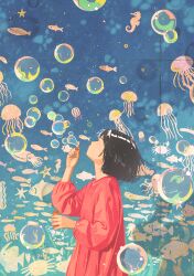  1girl black_hair blowing_bubbles bob_cut closed_eyes commentary_request day gemi highres jellyfish long_sleeves mural original outdoors puffy_long_sleeves puffy_sleeves red_shirt shirt soap_bubbles solo standing 