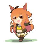  1girl :d animal_ears bomber_jacket brown_eyes chibi crop_top dog_tags ear_ribbon green_jacket highres horse_ears horse_girl jacket kulettula long_hair looking_at_viewer mayano_top_gun_(umamusume) orange_hair outstretched_arms shorts simple_background smile solo thigh-highs two_side_up umamusume white_background 
