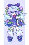  1girl bangs blue_bow blue_dress blue_eyes blue_footwear blue_hair blush bow bowtie cirno d: dress flower footwear_bow full_body hair_bow harunori_(hrnrx) highres ice ice_wings legs_apart looking_at_viewer loose_socks mary_janes medium_hair pinafore_dress plant red_bow red_bowtie shirt shoes short_sleeves socks solo symbol-only_commentary touhou twitter_username v-shaped_eyebrows vines white_shirt white_socks wings 