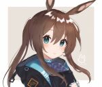  1girl amiya_(arknights) animal_ears arknights ascot black_jacket blue_ascot blue_collar blue_eyes blush border brown_background brown_hair clothes_writing collar dated hair_between_eyes hood hood_down hooded_jacket jacket jewelry long_hair looking_at_viewer multiple_rings nano_mochi neck_ring outside_border parted_lips ponytail portrait rabbit_ears rabbit_girl ring sidelocks simple_background solo thumb_ring white_border 