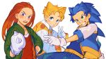 3boys bandaid blonde_hair blue_eyes blue_hair blue_jacket blue_shirt blush child commentary_request fang gloves highres humanization jacket knuckles_the_echidna long_hair looking_at_viewer male_child male_focus mossan315 multiple_boys red_shirt redhead shirt simple_background smile sonic_(series) sonic_the_hedgehog tails_(sonic) teeth v violet_eyes white_background