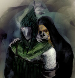  1boy 1girl armor black_cloak blue_eyes cloak commentary_request elden_ring elden_ring_nightreign fia_the_deathbed_companion green_hood hand_on_another's_shoulder hermitsghost highres hood hood_up hooded_cloak ironeye_(elden_ring) scale_armor simple_background skeleton skull undead upper_body 