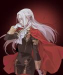  1girl arm_at_side ascot bangs black_jacket black_shorts cape eatupall edelgard_von_hresvelg fire_emblem fire_emblem:_three_houses frilled_shirt_collar frills gloves hair_ribbon hand_in_own_hair jacket long_hair long_sleeves looking_to_the_side military military_uniform pantyhose parted_bangs profile red_background red_cape red_pantyhose ribbon shorts solo standing uniform upper_body violet_eyes white_ascot white_gloves white_hair 