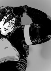 1girl android bangs biceps flexing greyscale hand_up monochrome robot robot_girl short_hair