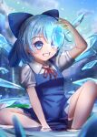  1girl blue_dress blue_eyes blue_hair blue_wings bow cirno dress hair_bow ice ice_wings indian_style looking_at_viewer ribbon short_hair sitting solo touhou water wings yakkyokuya 
