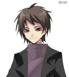  1boy black_jacket brown_eyes brown_hair chinese_commentary closed_mouth colored_sclera commentary_request grey_sclera harada_minoru jacket male_focus open_clothes open_jacket pixel_art purple_sweater saaar saibou_shinkyoku short_hair simple_background smile solo sweater turtleneck turtleneck_sweater upper_body white_background 