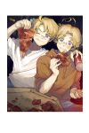  2boys ;d ahoge america_(hetalia) arm_around_shoulder axis_powers_hetalia blonde_hair blue_eyes blurry blurry_background border brothers can canada_(hetalia) cheese_trail eating fingernails food food_in_mouth highres holding holding_food holding_pizza male_focus multiple_boys ninonuko one_eye_closed pepperoni pizza pizza_box pizza_slice siblings smile soda_can violet_eyes white_border 