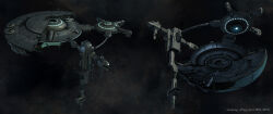  3d building cloud_background commentary dark_background dated dated_commentary english_commentary eve_online gallente_federation_(eve_online) glowing highres maya_(medium) multiple_views no_humans official_art outdoors realistic science_fiction space space_station spacecraft 