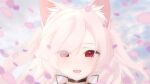  animal_ear_fluff animal_ears cat_ears commentary_request eyes_visible_through_hair facing_viewer falling_petals floating_hair highres long_hair looking_at_viewer mitsurugi_lia mitsurugi_lia_(artist) petals pink_hair portrait red_eyes self-portrait smile two_side_up virtual_youtuber wactor_production 
