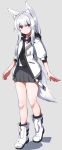  1girl :o animal_ears bare_legs black_skirt boots fox_ears fox_girl fox_tail full_body highres hood hood_down hoodie kurousagi_tetora long_hair miniskirt original pleated_skirt skirt sleeves_past_elbows tail violet_eyes white_footwear white_hair 