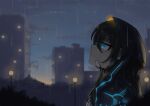  1girl arknights blue_eyes blurry blurry_background brown_hair building closed_mouth dark_skin depth_of_field dusk flint_(arknights) from_side knottt lamppost looking_away looking_up rain tattoo upper_body 