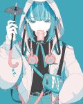  1girl aqua_background aqua_bow aqua_bowtie aqua_eyes aqua_hair bag bangs belt black_belt black_shirt blue_bag blue_pants blunt_bangs bow bowtie buckle colored_skin expressionless hand_up headphones headphones_around_neck highres holding holding_umbrella hood hood_up hoodie looking_at_viewer medium_hair mouth_hold no_pupils nocopyrightgirl original pants pink_bow pink_bowtie shirt simple_background solo strap two-tone_bowtie umbrella white_hoodie white_skin 